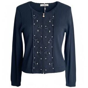 Gallery Visconti Donna Cardigan Navy Knit‎ Pearls Bows Coquette Medium Feminine